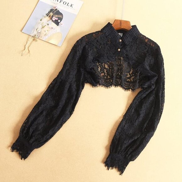 Detachable Dickey Collar Blouse Cotton Lace Crop Top Long Sleeve - Picture 3 of 3